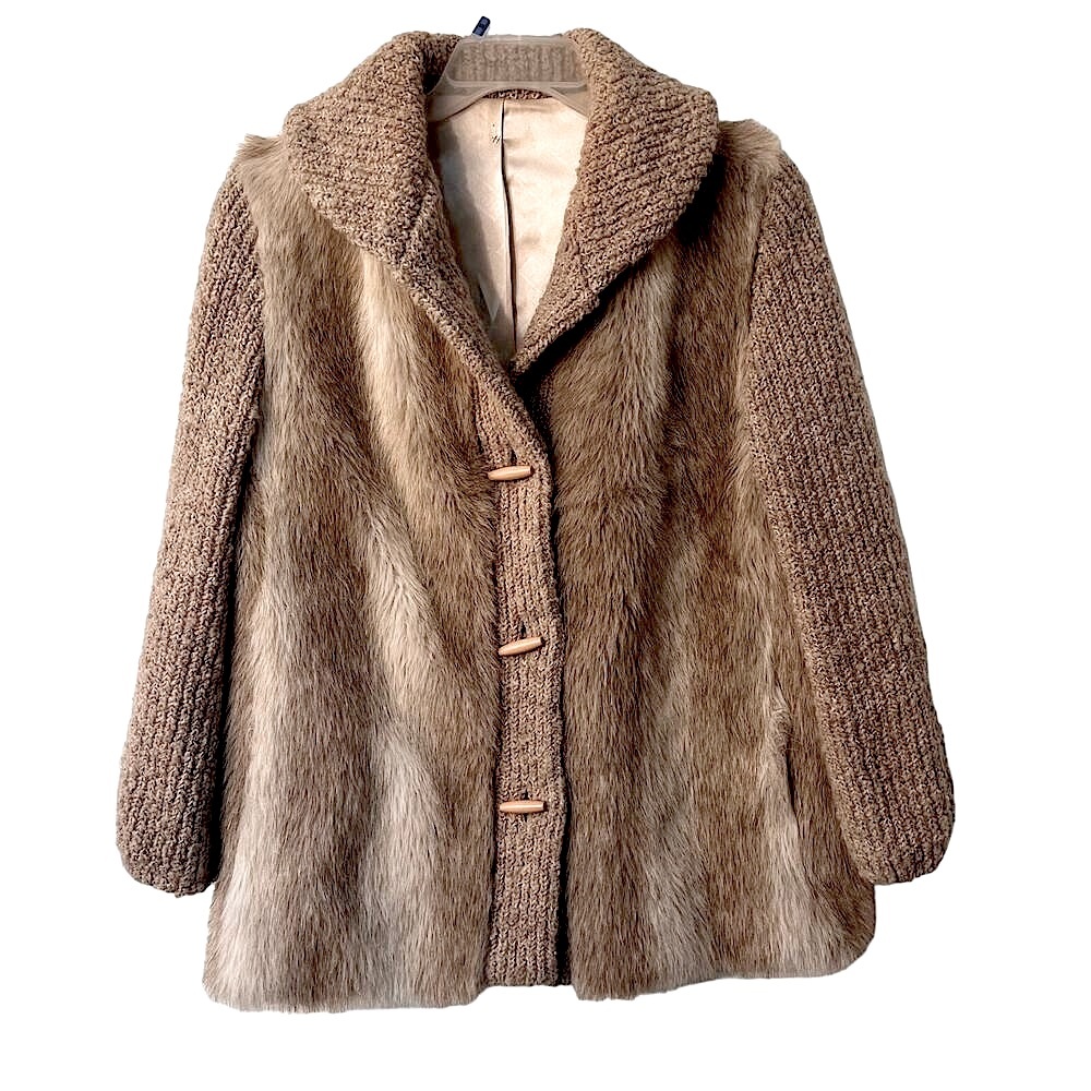D Espirit Vintage Faux Fur Coat Crochet Wool Sleeve 1970s to 80s Indie Sleaze